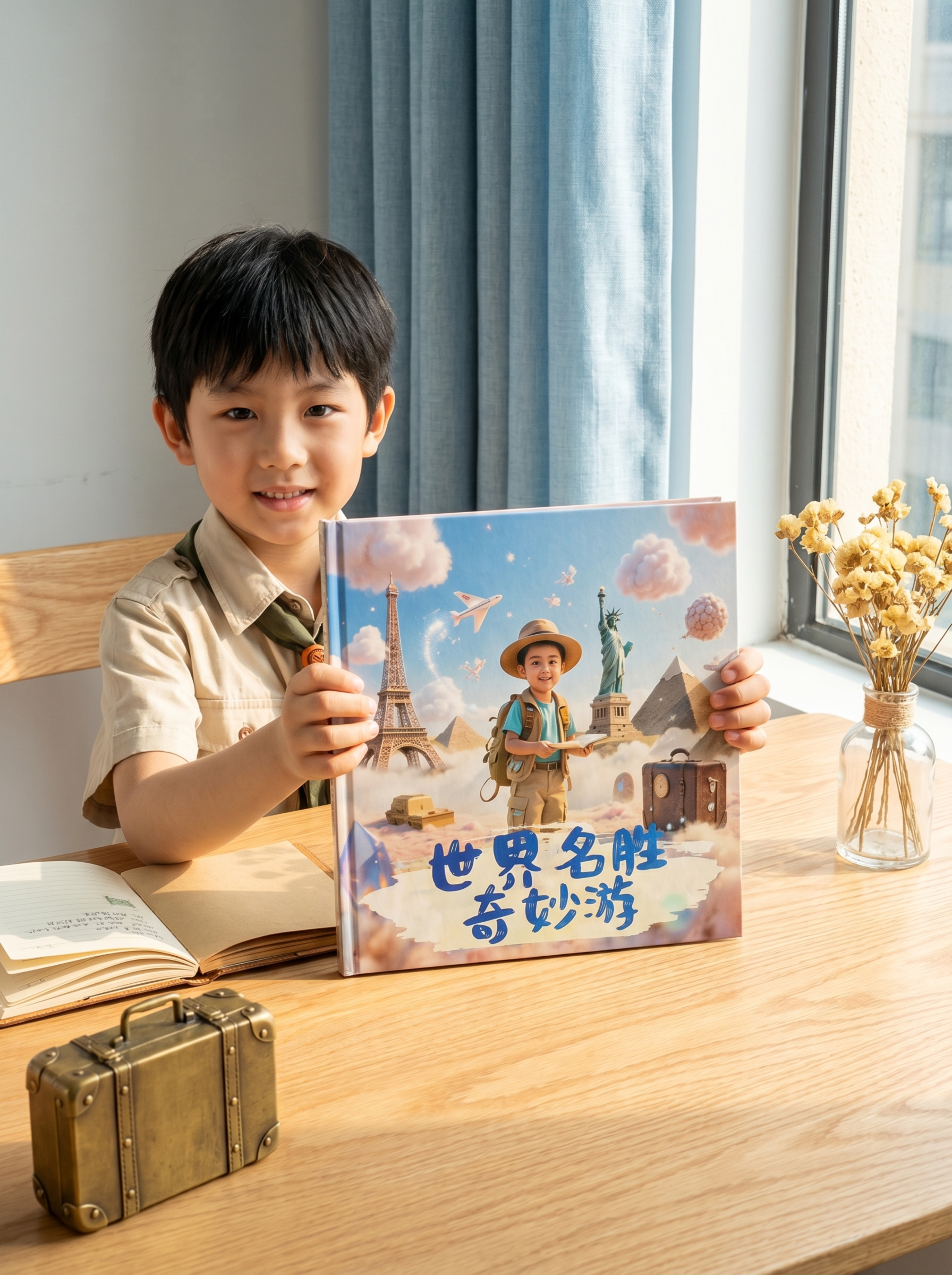 商业级儿童绘本产品摄影，主题为《世界名胜奇妙游》。 主体：绘本… - 图片创意预览