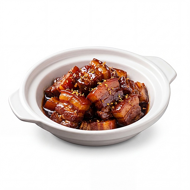 产品精修，只提取桂花红烧肉，将其放置在纯白背景上，专业商业棚拍光, 5500K标准中性白光, 轮廓光, 体积光, 曝光正确, 强烈真实立体感，接地处保留干净浅淡的自然接触阴影, 严禁大片投影、脏灰阴影和悬浮感，主体居中, 商品完整入画不裁切, 商品外轮廓视觉体量约画面60%-80%, 四边均匀留白约10%-20%, 严禁满幅铺满与贴边顶满，极致超清画质, 深度细节锐化, 4K分辨率, 商业级画质, 产品表面完美无瑕，只保留桂花红烧肉一个完整商品主体，锁定原图商品轮廓、件数、部件位置、连接关系、标签文字和可见功能细节，只做精修不重绘结构，锁定原图商品颜色, 颜色以输入图为唯一参考，锁定原图材质表现, 保持原有质感、光泽、纹理和色相关系，正视图，强制透视矫正, 自动水平校准, 几何垂直对齐, 扶正倾斜商品，比例1:1