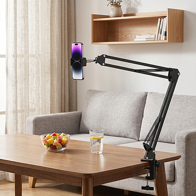 现代简约风格，金属质感手机支架置于木质茶几，轻拟物设计融合科技感与实景生活场景，性冷淡风色调营造舒适居家氛围。
