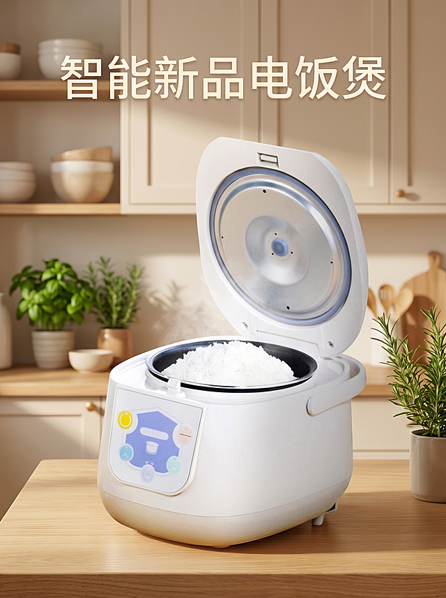 新品电饭煲宣传电商海报，整体设计突出产品特性，风格现代简约温馨。
主体：电饭煲严格参照上传产品图，完整保留所有可见组件、轮廓、结构、比例、材质、颜色，放置在画面中心位置，产品清晰突出。
构图：竖向海报构图，中心主体构图，上方预留海报标题位置。
风格：现代奶油风，国内电商流行风格，温馨有生活感。
文案：海报顶部添加文字"智能新品电饭煲"，字体简洁柔和。
场景：浅米色暖调厨房背景，搭配柔和木质纹理台面，点缀少许绿色香草装饰。
光影：整体明亮暖光，产品清晰有质感，阴影柔和，氛围温馨治愈。
严格锁定宽高比为3:4