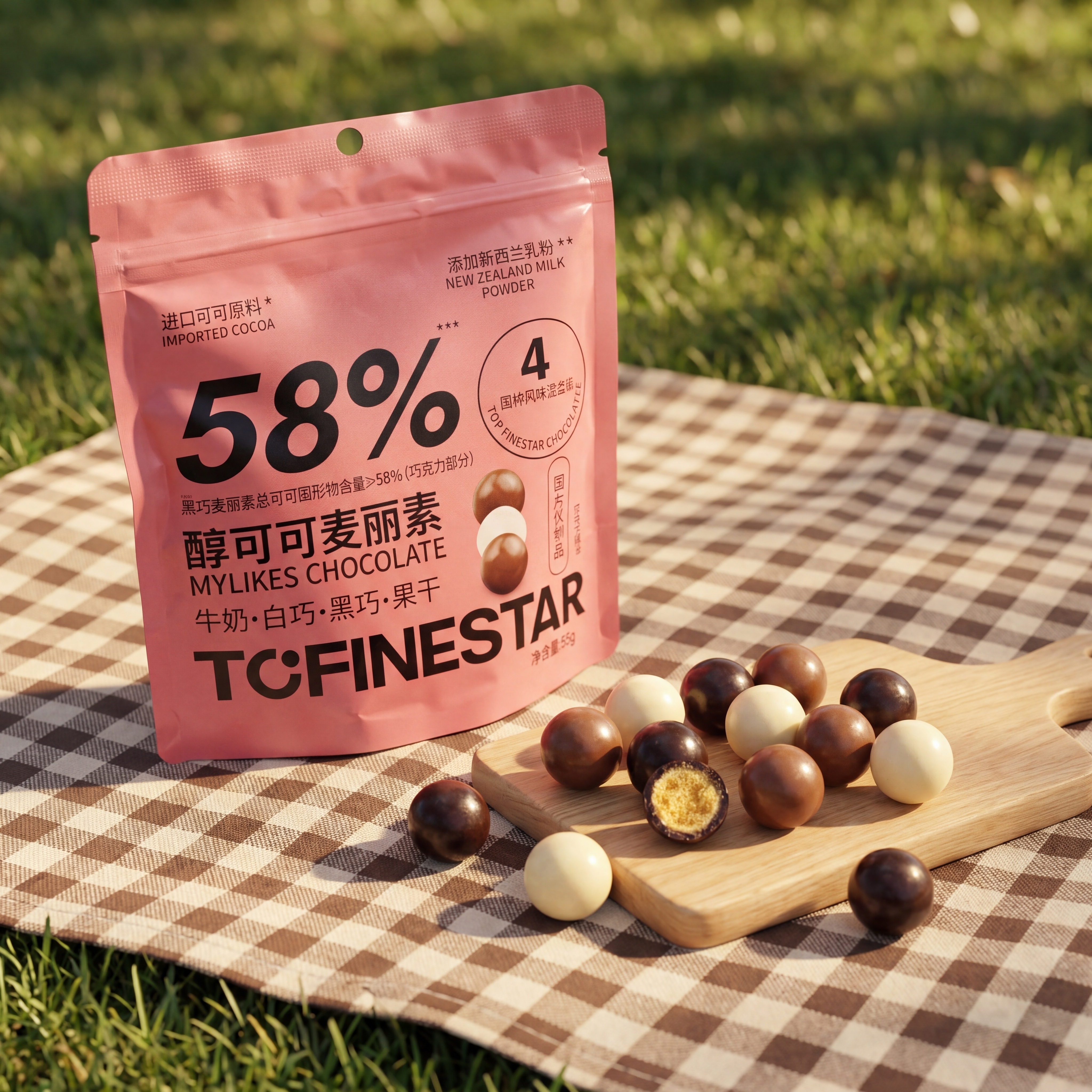 超写实电商食品摄影。 主体：零食包装袋和麦丽素巧克力严格参照两… - 图片创意预览