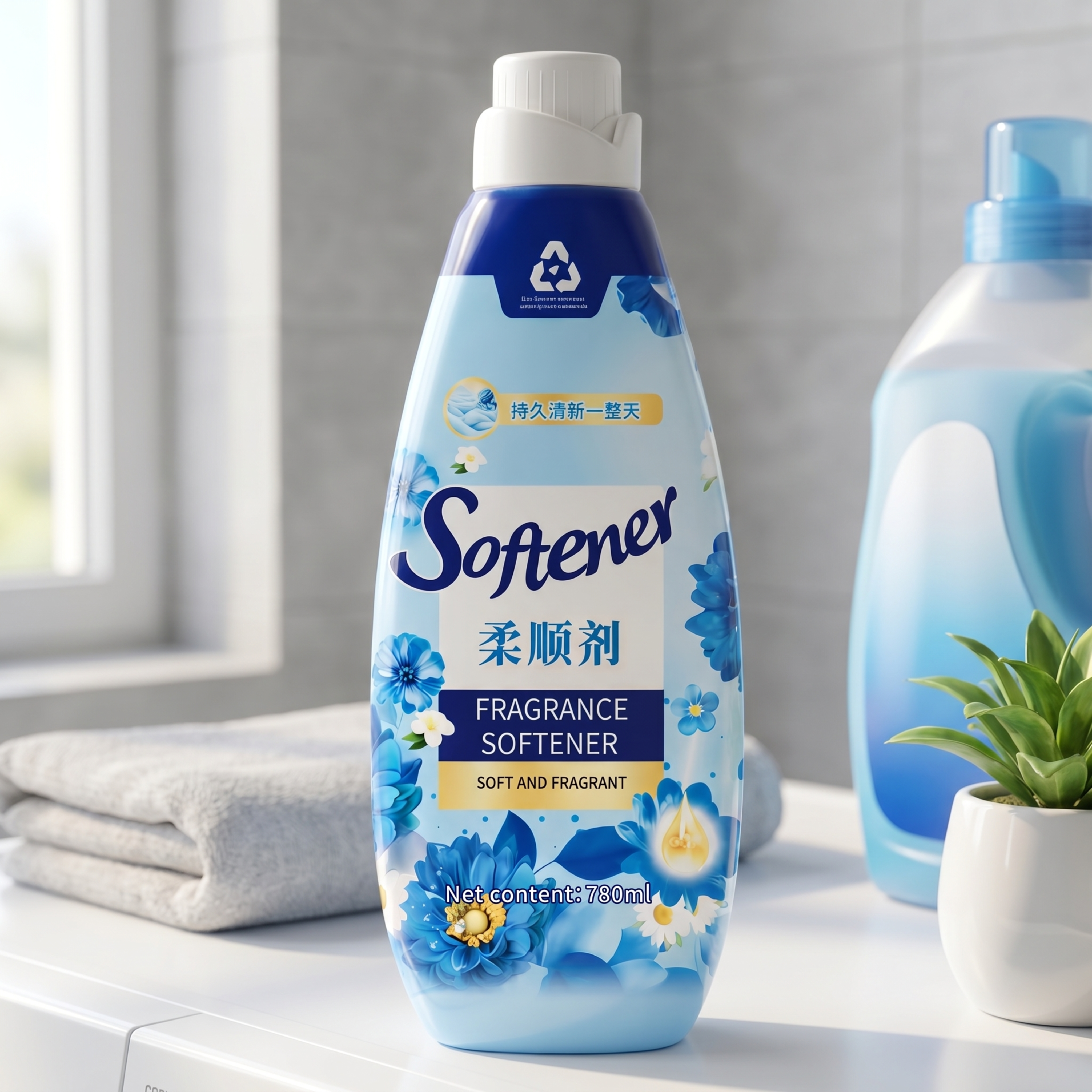 超写实电商产品摄影。 主体：柔顺剂瓶装洗衣液严格参照上传产品图… - 图片创意预览