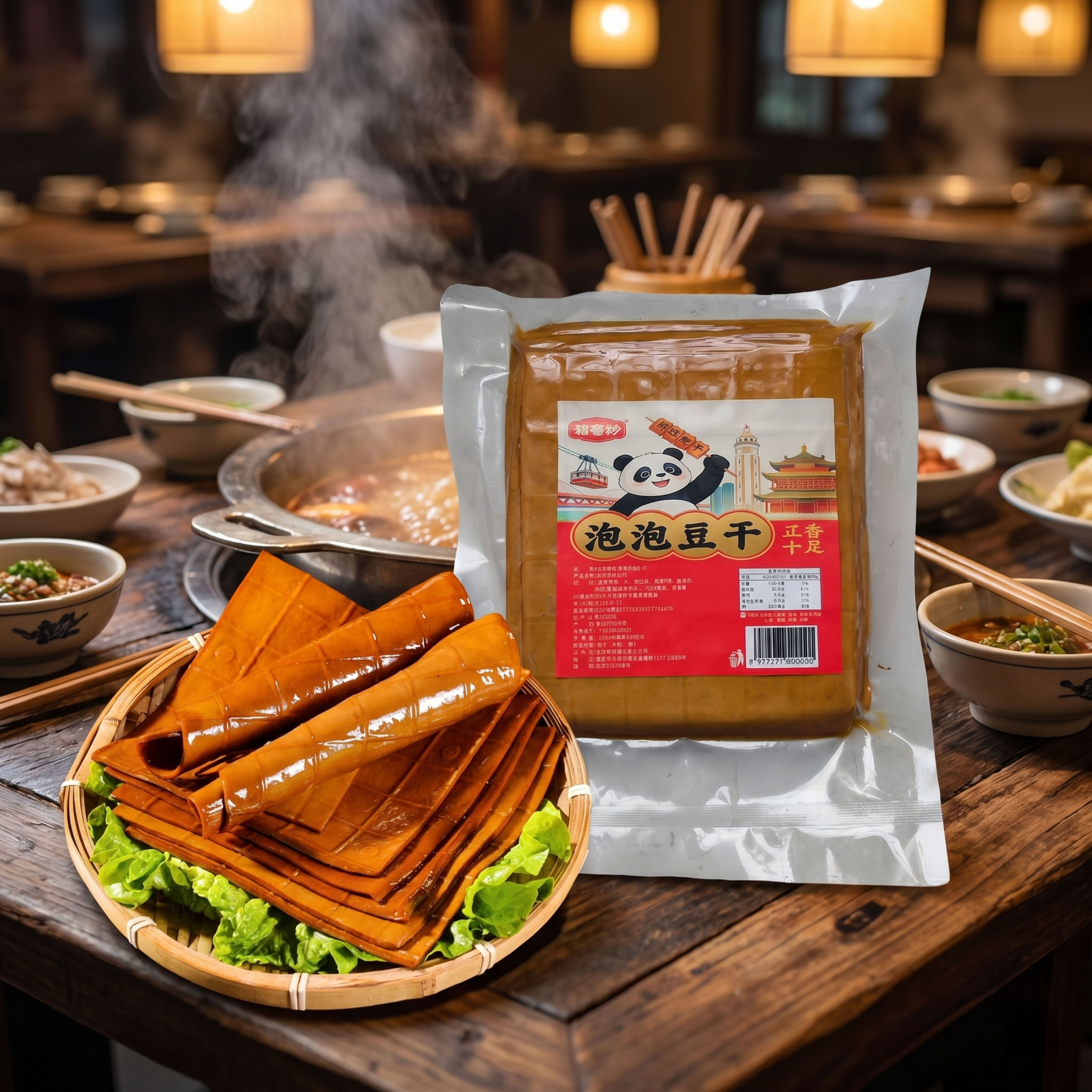 超写实美食电商摄影，展示泡泡豆干放到火锅店桌面上。 主体：豆干… - 图片创意预览