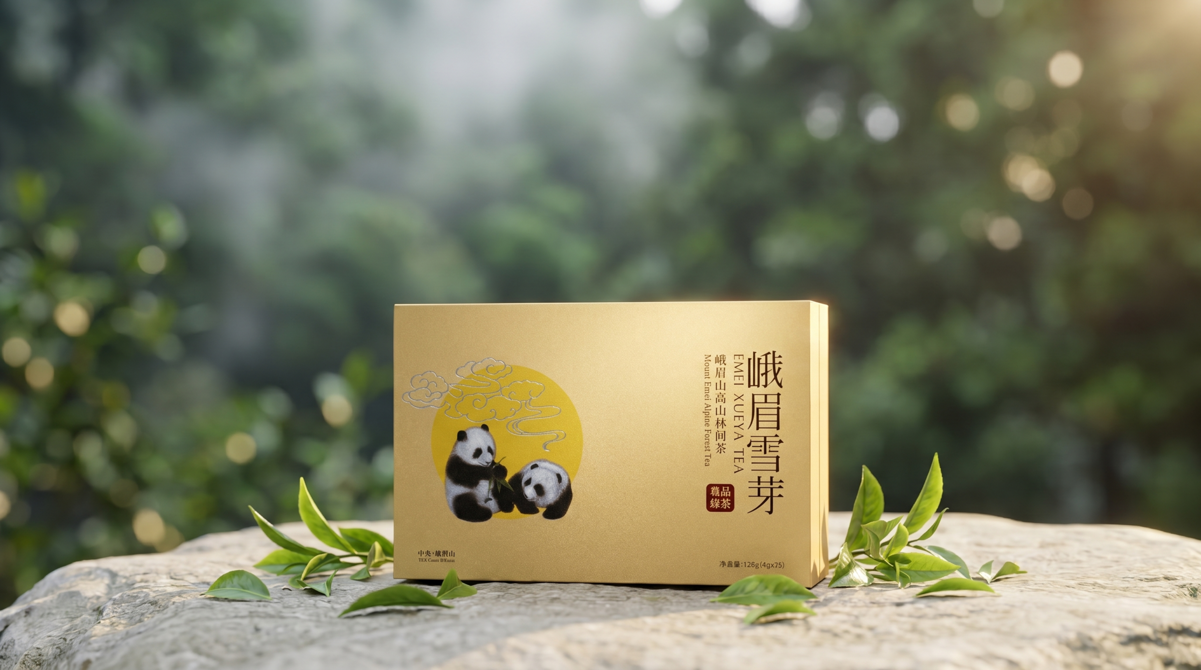 超写实户外产品摄影。 主体：峨眉雪芽茶叶礼盒严格参照上传产品图… - 图片创意预览