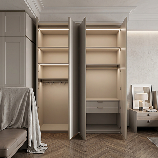 衣柜严格参照上传产品图https://gdesign-dam-hz.dancf.com/36576828470320242/649e72879f20452c83579099f829ec2a.jpg，完整保留所有可见组件、部件、轮廓形状、结构、比例、材质质感、颜色与上传图完全一致。参考视频https://1.mp4场景生成，保留参考视频的骨架，相似度50%。
室内家居卧室空间，现代轻奢浅灰暖色调。
主光方向和光影氛围还原参考视频，产品受光面泛起浅灰暖色调，暗部映射米白色光晕，与环境物理融合。
产品位置居中展示，完整不裁切，中景构图，偏微侧20°视角。
全量换款：保留参考骨架结构，所有可见场景元素在同品类同材质下更换款式，避免和参考图完全相同。
消除多余品牌文字，保留产品本体文字信息。4K分辨率，严格锁定宽高比为 1:1。