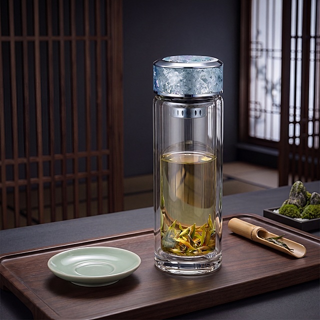 轻奢简约风格电商主图, 大师级布光（侧前45°主光 + 环境补光，不显示灯具），超写实质感。
主体：玻璃杯严格参照上传产品图，完整保留结构比例颜色，**盖子为蓝银冰裂纹金属质感**，玻璃杯白皙通透明亮如水晶，崭新无瑕疵，产品占画面68%，近景绝对主体，完整不裁切。
关键要求：**玻璃高度透明，杯内茶叶与后方背景清晰可见**（如屏风/窗棂轮廓）。
构图与陈列：正面平视，玻璃杯置于深胡桃木茶盘中央，桌面为深灰哑光岩板。
风格：意式轻奢简约。
场景概念：高端私享茶室，沉稳高级。
承载与背景：深灰岩板办公桌；背景为深胡桃木格栅屏风（虚化处理），右侧窗棂透入柔光。
陪衬物：仅左侧青瓷小碟空置, 右侧竹制茶则配1片茶叶；托盘角落点缀微型苔藓石。
配色：主深炭灰+黑；辅蓝银冰裂纹盖子、青瓷蓝绿；沉静典雅。
光影：主光来自左前45°隐式光源, 柔和打亮玻璃杯通透感；**蓝银冰裂纹盖子反射细腻冷调高光**；背景深度虚化但保留结构轮廓。
参数：4K超高清写实光追, 宽高比1:1