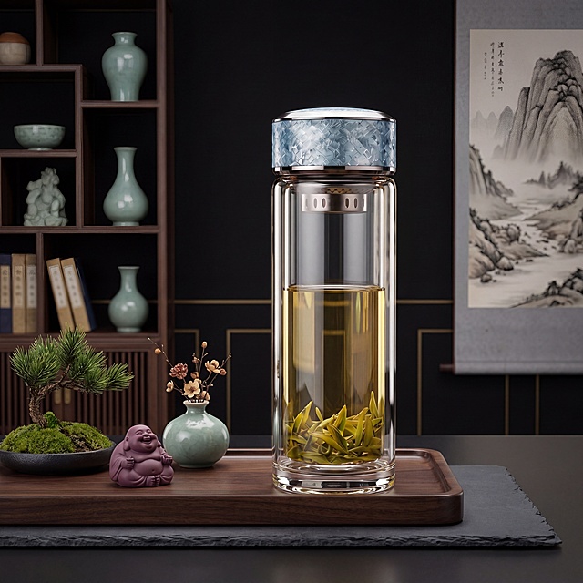 黑色主题简约轻奢国风融合商业摄影, 大师级布光（侧前45°主光 + 环境补光），超写实质感。
主体：玻璃杯严格参照上传产品图，完整保留结构比例颜色，**盖子为蓝银冰裂纹金属质感**，玻璃杯白皙通透明亮如水晶, 崭新无瑕疵，产品占画面68%，近景绝对主体，完整不裁切。
关键要求：**玻璃高度透明，杯内茶叶与后方背景清晰可见**（如博古架/山水画轮廓）。
构图与陈列：正面微俯视角，玻璃杯置于深胡桃木茶盘中央，茶盘下为深灰哑光岩板底座。
风格：黑色简约轻奢国风。
场景概念：高端文化空间茶席，沉稳有底蕴。
承载与背景：深灰岩板桌面；背景为纯黑哑光墙面 + 暗金线条装饰，左侧虚化中式博古架（青瓷花瓶/书籍虚化），右侧悬挂水墨山水画（虚化处理）。
陪衬物：仅左侧微型绿植（苔藓石+小松枝）、一个青瓷小花瓶（插干花）、一个紫砂弥勒佛像（文化点缀）；**无任何茶具**（已移除茶则、茶勺等）。
配色：主纯黑+深炭灰；辅蓝银冰裂纹盖子、青瓷蓝绿、暗金；沉静高级。
光影：主光来自左前45°暖调聚光, 均匀打亮玻璃杯通透感；**蓝银冰裂纹盖子反射细腻冷调高光**；背景深度虚化但保留可辨识轮廓。
参数：4K超高清写实光追, 宽高比1:1