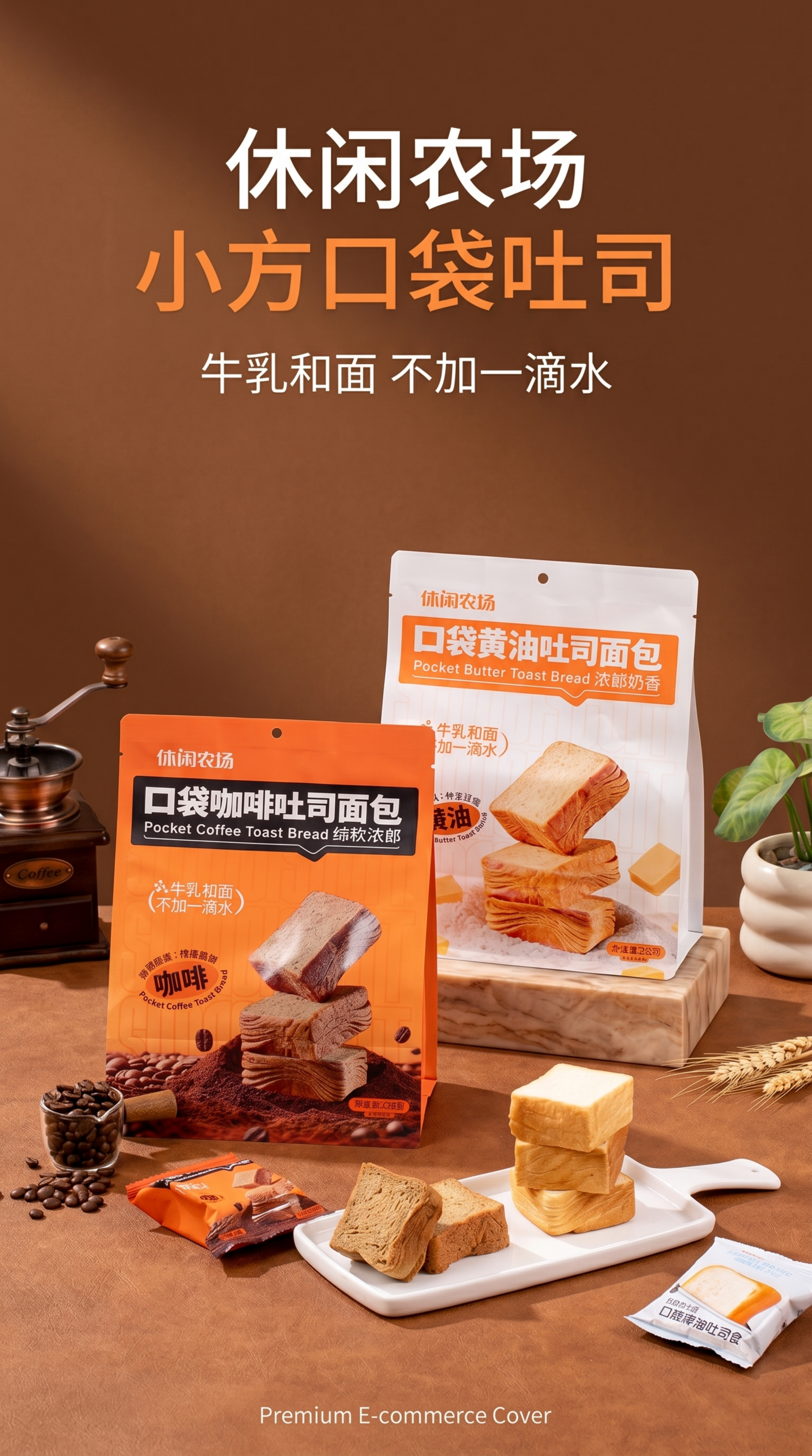 高端电商详情首图封面，休闲农场口袋吐司，黄油和咖啡双口味，暖棕… - 图片创意预览