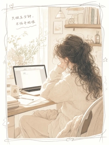 治愈系插画风格，温柔奶白浅咖色系，柔和自然光，人物慵懒坐在书桌前，蓬松凌乱的长发，刚打开电脑文档，画面角落配小字"只做五分钟，不怕开始难"，日常居家感，松弛不紧绷，随意的涂鸦线条框架感，竖构图预览效果