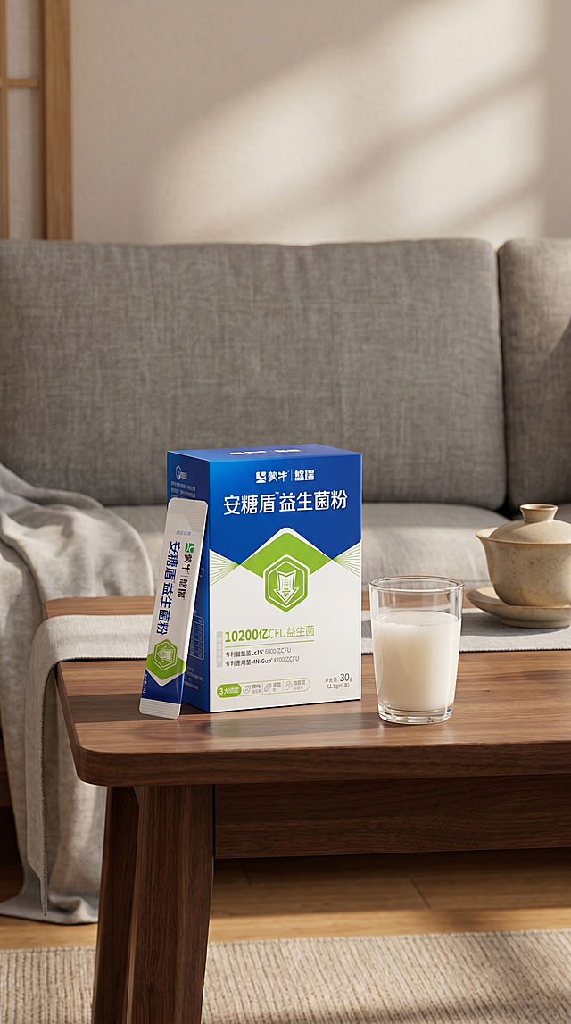 益生菌粉包装盒和独立包装袋严格参照上传产品图1、图2、图3，完整保留所有可见组件、部件、轮廓形状、结构、比例、材质质感、颜色与产品文字信息，与上传图完全一致。
日式客厅茶桌场景，原木暖色调，摆放一盒产品和一杯冲好的益生菌，参考相似度80%。融合国内电商温馨生活偏好，上午柔和漫射自然光，产品受光面泛起浅木色、暗部映射暖灰色光晕，与环境物理融合。产品放在茶桌中央，中景平视视角。
场景陈列：①茶桌，黑胡桃木实木，深棕色；②左后方，棉麻茶席，浅灰色；③右侧，高温陶瓷盖碗，米白色；④后方，灰色亚麻沙发靠背。
配色 / 材质：原木棕 / 暖灰色 / 米白 / 深棕色；实木 / 棉麻 / 陶瓷。
消除产品本体之外的多余文字。4K分辨率，严格锁定宽高比为 9:16。