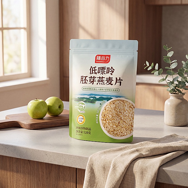 超写实健康食品电商摄影。
主体：低嘌呤胚芽燕麦片包装袋严格参照上传产品图，完整保留所有可见组件、轮廓、结构、比例、材质、颜色与产品本体上的文字信息（logo/型号/规格/参数等），与上传图完全一致，完整清晰展示包装袋，不裁切，产品包装无扭曲变形，LOGO文字清晰。自然融入场景光影，与场景共处同一物理空间，产品为第一视觉焦点。
构图：微侧15°平视，正方形构图
风格：日式奶油温馨风
场景：清晨厨房岛台，温馨家居场景
空间承载：燕麦片包装袋斜靠在浅灰色磨砂石英石岛台面上
道具：①包装袋左侧，一块浅胡桃木砧板上放着两颗青苹果；②岛台右后方，放着一盆嫩绿的小尤加利盆栽；③包装袋前方，一块棉麻餐布搭在岛台边缘
配色/材质：浅灰色/胡桃木色/嫩绿色/青绿色/奶白色；磨砂石英石/实木/陶瓷/棉麻
光影：清晨晨光从侧面窗户照入，暖调柔和光线，整体明亮温暖，氛围治愈自然。
参数：4K写实摄影。严格锁定宽高比为 1:1。