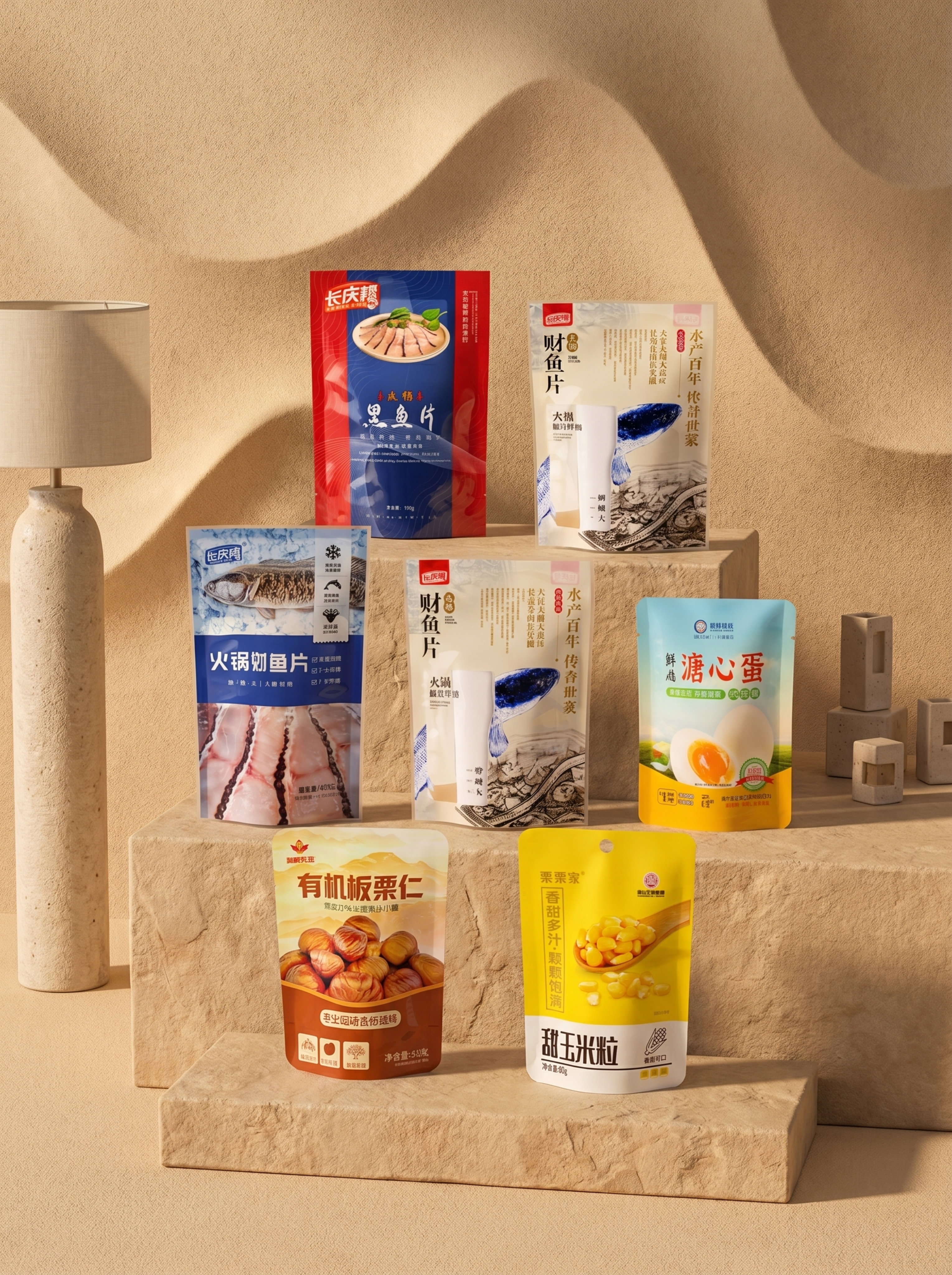 以下七款食品包装袋：火锅黑鱼片包装袋、火锅财鱼片包装袋、财鱼片… - 图片创意预览