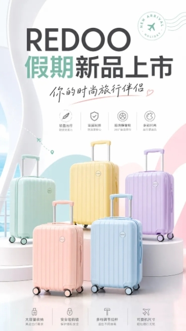 电商详情页首屏海报，主题是假期新品REDOO行李箱上市，突出时尚和功能性的旅行伴侣，风格时尚现代活力，以白色为主色调搭配马卡龙明亮色彩，顶部写大字体"REDOO假期新品上市"，下方展示多款马卡龙颜色行预览效果