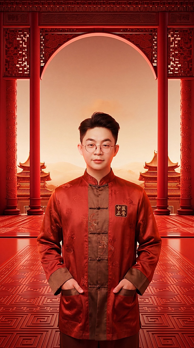 中医正骨医师人物肖像，严格参照上传第三张产品图，完整保留所有可见组件、轮廓、结构、比例、材质、颜色与产品本体上的文字信息，与上传图完全一致。新中式国风中医疗养空间，暖红色调，保留参考图骨架，中式拱门红漆立柱场景，人物站立在前景位置，正前方柔和漫射主光，产品受光面泛起暖红色光晕，暗部映射暖黄色光晕，与环境物理融合。人物保持中国男性，东亚面孔，黑发，棕黑色眼睛，自然五官，日常妆感，保留站姿姿态，仅调整服装风格适配中医正骨主题。
全量换款清单：①拱门雕花：参考图传统回纹雕花 → 生成祥云回纹雕花，同红漆木材保留；②立柱：参考图光面红柱 → 生成带有浅浮雕云纹红柱；③远景建筑：参考图对称宫殿飞檐 → 生成对称中式庭院飞檐；④地面平台：参考图光面红漆 → 生成雕刻回纹红漆平台。
消除产品以外多余文字。4K 分辨率，严格锁定宽高比为 9:16。中医正骨风格。