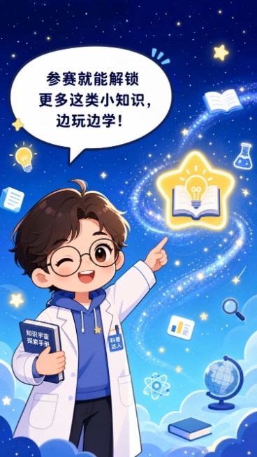 卡通简约条漫第三格科普小场景，科普达人指着星海中的小知识图标，说:"参赛就能解锁更多这类小知识，边玩边学！"，背景是知识星海，卡通简约风格，色彩明亮预览效果
