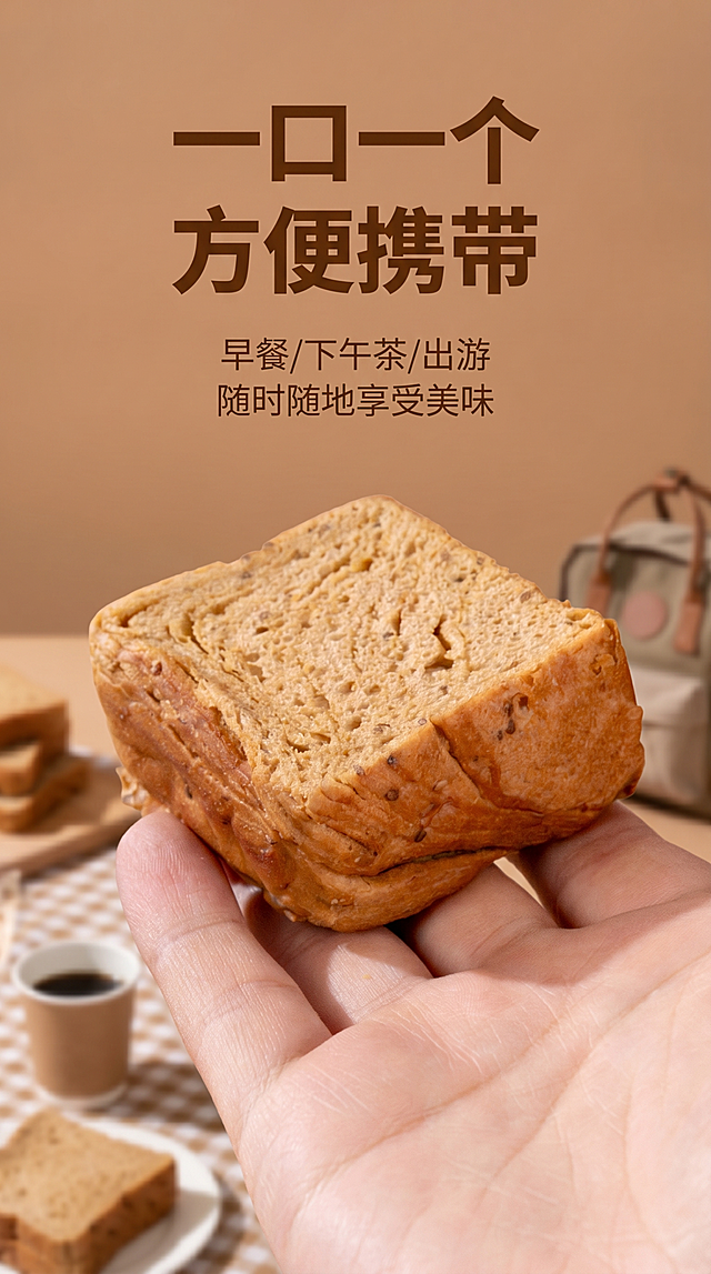 电商详情页场景展示，口袋吐司方便携带，适合早餐下午茶，标题“一口一个 方便携带”，文案“早餐/下午茶/出游 随时随地享受美味”，展示手拿着小吐司的场景，保留原图暖棕温馨摄影风格，竖版9:16