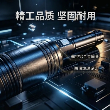 [主图-6] 材质细节主图，保持暗黑科技风格和详情页统一，微距特写手电筒身铝合金拉丝工艺，展示细节做工，保持产品外观颜色和原图一致。大字标题「精工品质 坚固耐用」，侧边卖点标注：航空铝合金筒身，防滑纹预览效果