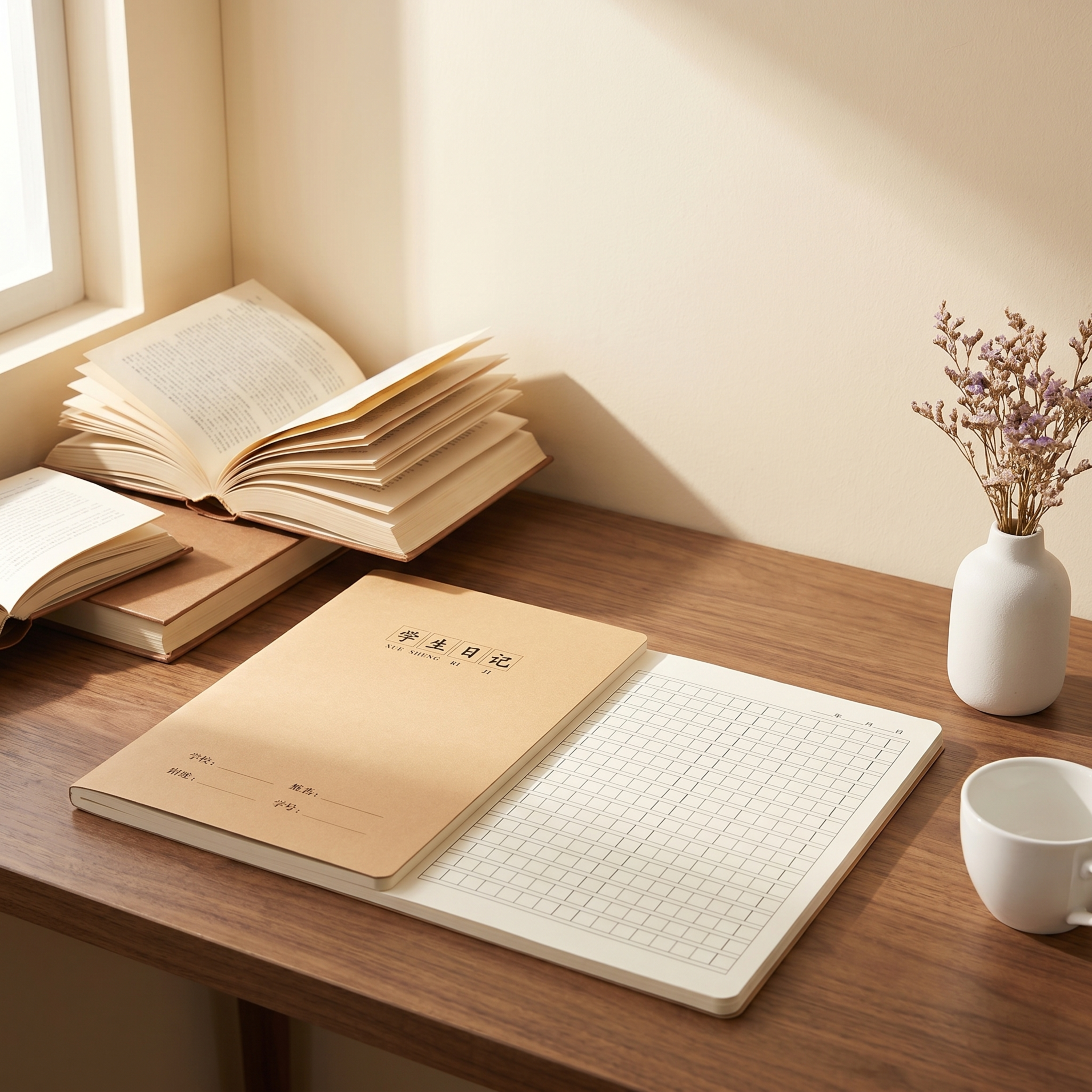商业级学生日记本产品摄影。 主体：学生日记本占画面65%左右，… - 图片创意预览