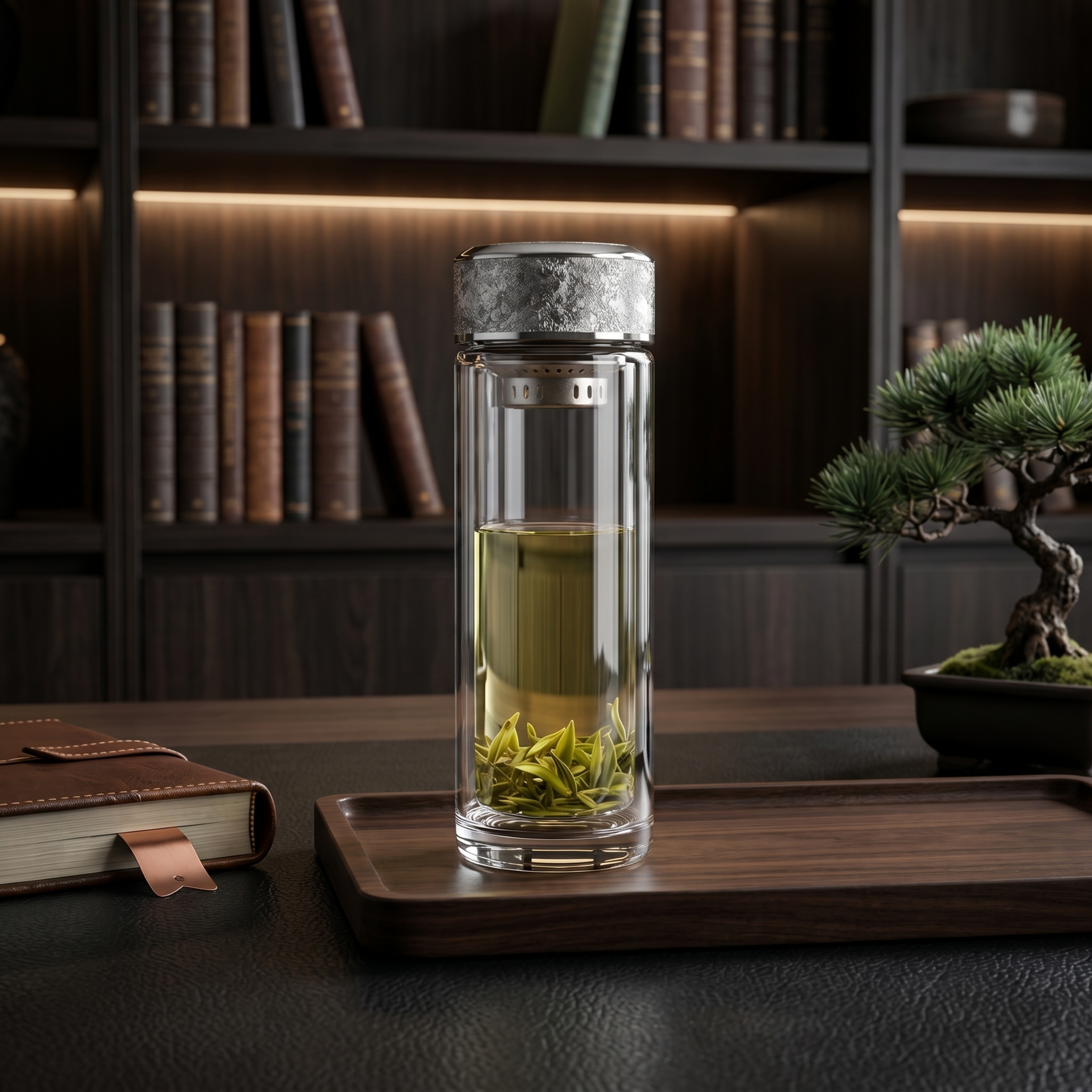 高档轻奢暗色系书房商业摄影，简约大师布景与灯光，超写实质感。… - 图片创意预览