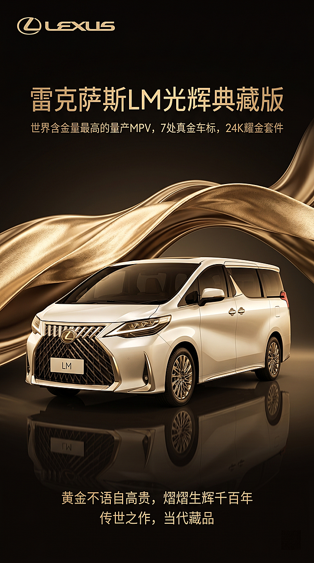 MPV汽车，严格参照上传产品图，完整保留所有可见组件、部件、轮廓形状、结构、比例、材质质感、颜色与上传图完全一致。
豪华汽车宣传海报，黑金高端轻奢色调。
保留顶部logo位置、产品宣传文字，底部宣传标语，车身位于画面偏下居中位置，偏侧视角展示完整车身。
主光源来自前景渐变逆光，产品受光面泛起黑金暖光，暗部映射深棕阴影光晕，与环境物理融合。
全量换款清单：①logo：参考图方形极氪logo → 保留顶部logo位置，留空用于品牌标识；②车身：参考图黑色极氪009 → 参考上传图保持白色雷克萨斯LM车身，保留银色镀铬装饰；③背景曲线：参考图金色流动沙纹曲线 → 保持黑色渐变背景搭配流动香槟金色曲线，同材质换纹理走势；④地面：参考图深色反光镜面地面 → 保持深色反光镜面地面，保留车身倒影效果；⑤文案：参考图极氪009光辉典藏版相关文案 → 替换主标题为"雷克萨斯LM光辉典藏版"，保留原文字排版和字体风格，修改为"世界含金量最高的量产MPV，7处真金车标，24K耀金套件"和底部标语"黄金不语自高贵，熠熠生辉千百年，传世之作，当代藏品"，保留所有文字颜色和位置。
消除水印。4K 分辨率，严格锁定宽高比为 9:16。