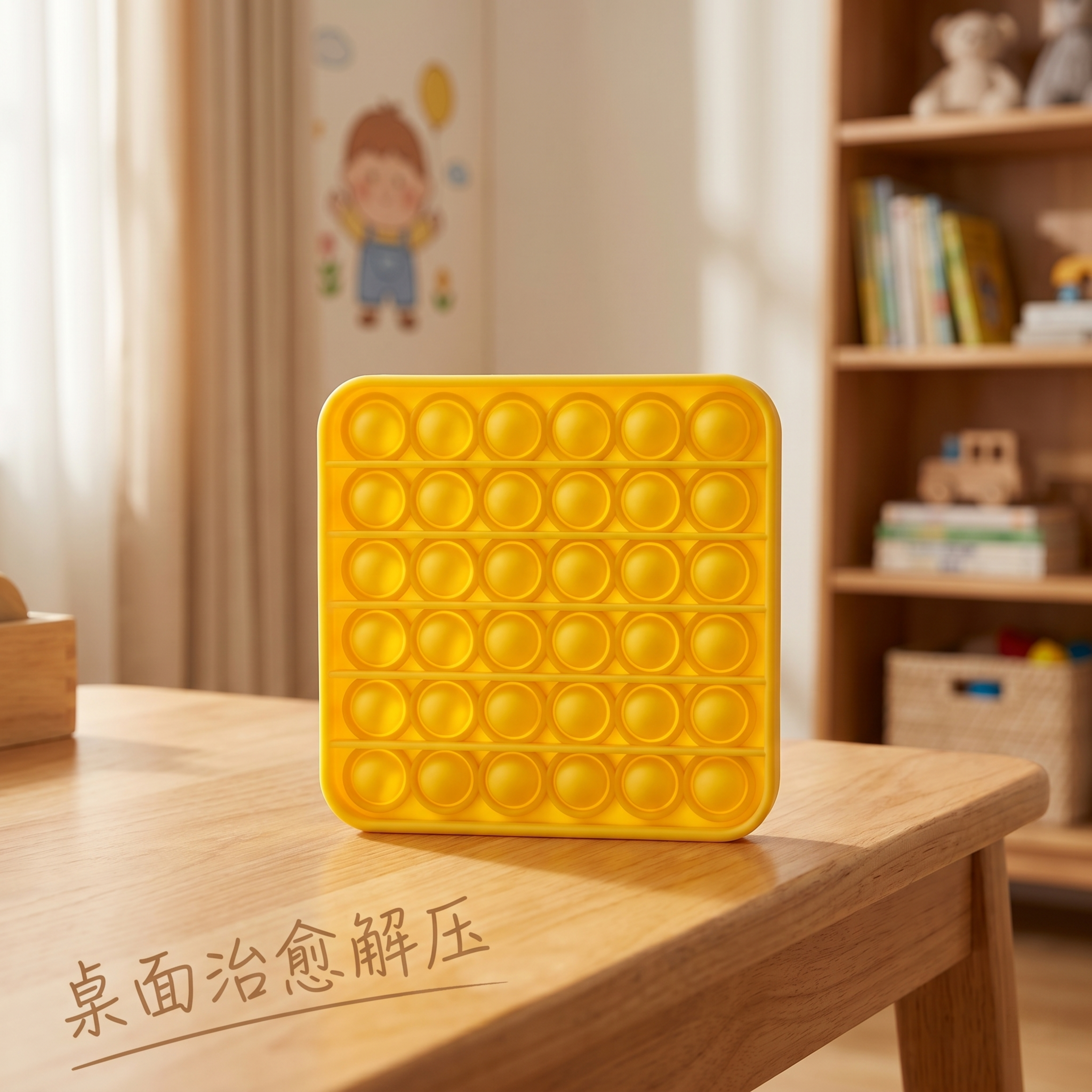 [主图-2] 黄色方形硅胶灭鼠先锋解压玩具放置于原木儿童书桌中… - 图片创意预览