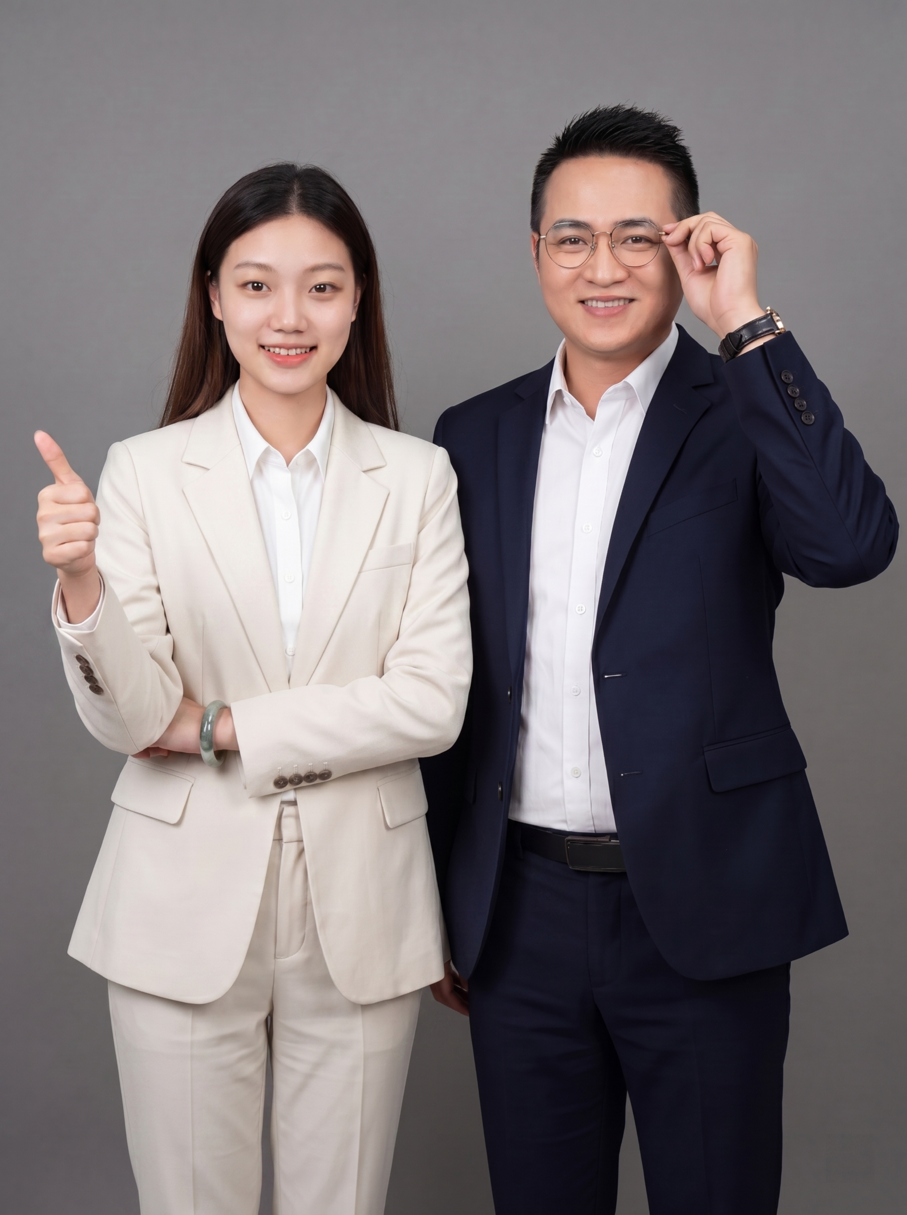 在这张双人商务合照基础上，仅修改女士西装颜色，将原来的浅卡其色… - 图片创意预览