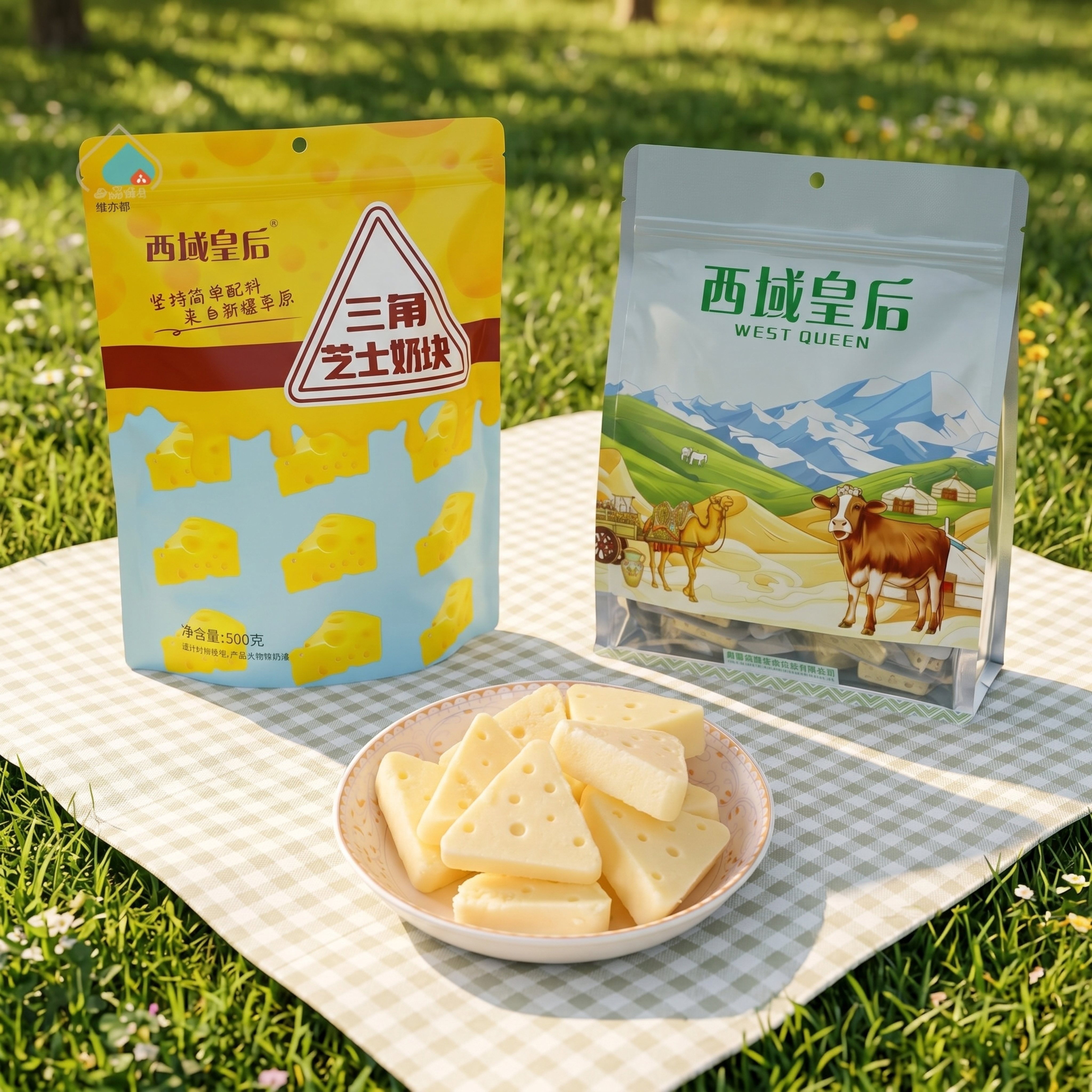 超写实美食摄影，户外野餐场景，展示西域皇后三角芝士奶块。 主体… - 图片创意预览