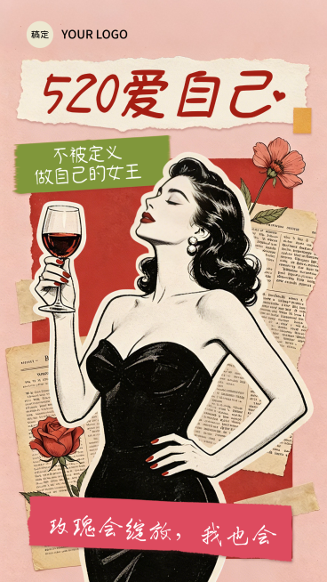520情人节爱自己复古撕纸风海报预览效果