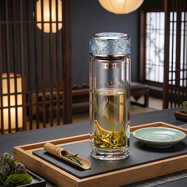 现代时尚茶室商业摄影, 大师级布光（侧前45°主光 + 顶部漫射补光），超写实质感。
主体：玻璃杯严格参照上传产品图，完整保留结构比例颜色，**盖子为蓝银冰裂纹金属质感**，玻璃杯白皙通透明亮如水晶, 崭新无瑕疵，产品占画面68%，近景绝对主体，完整不裁切。
关键要求：**玻璃高度透明，杯内茶叶与后方背景清晰可见**——后方为虚化窗格+纸灯笼柔光，透过杯体可辨识窗棂线条与光斑层次，折射效果自然真实。
构图与陈列：正面微俯视角，玻璃杯置于浅橡木茶盘中央，茶盘下为深灰哑光岩板底座。
风格：现代轻奢时尚茶室。
场景概念：高端私享茶空间, 简约舒心。
承载与背景：浅橡木茶盘 + 深灰岩板; 背景为深胡桃木格栅屏风 + 虚化窗景（含清晰窗棂轮廓）+ 左侧纸灯笼柔光（不显灯具）。
陪衬物：仅右侧青瓷小碟空置，左侧竹制茶勺配1片茶叶；托盘角落点缀微型苔藓石。
配色：主深炭灰+浅橡木棕；辅蓝银冰裂纹盖子、青瓷蓝绿；低饱和高级。
光影：主光来自左前45°暖调聚光，顶部漫射光补充阴影，**强化玻璃通透感、内部茶叶细节及背景透视效果**；蓝银冰裂纹盖子反射细腻冷调高光。
参数：4K超高清写实光追, 宽高比1:1