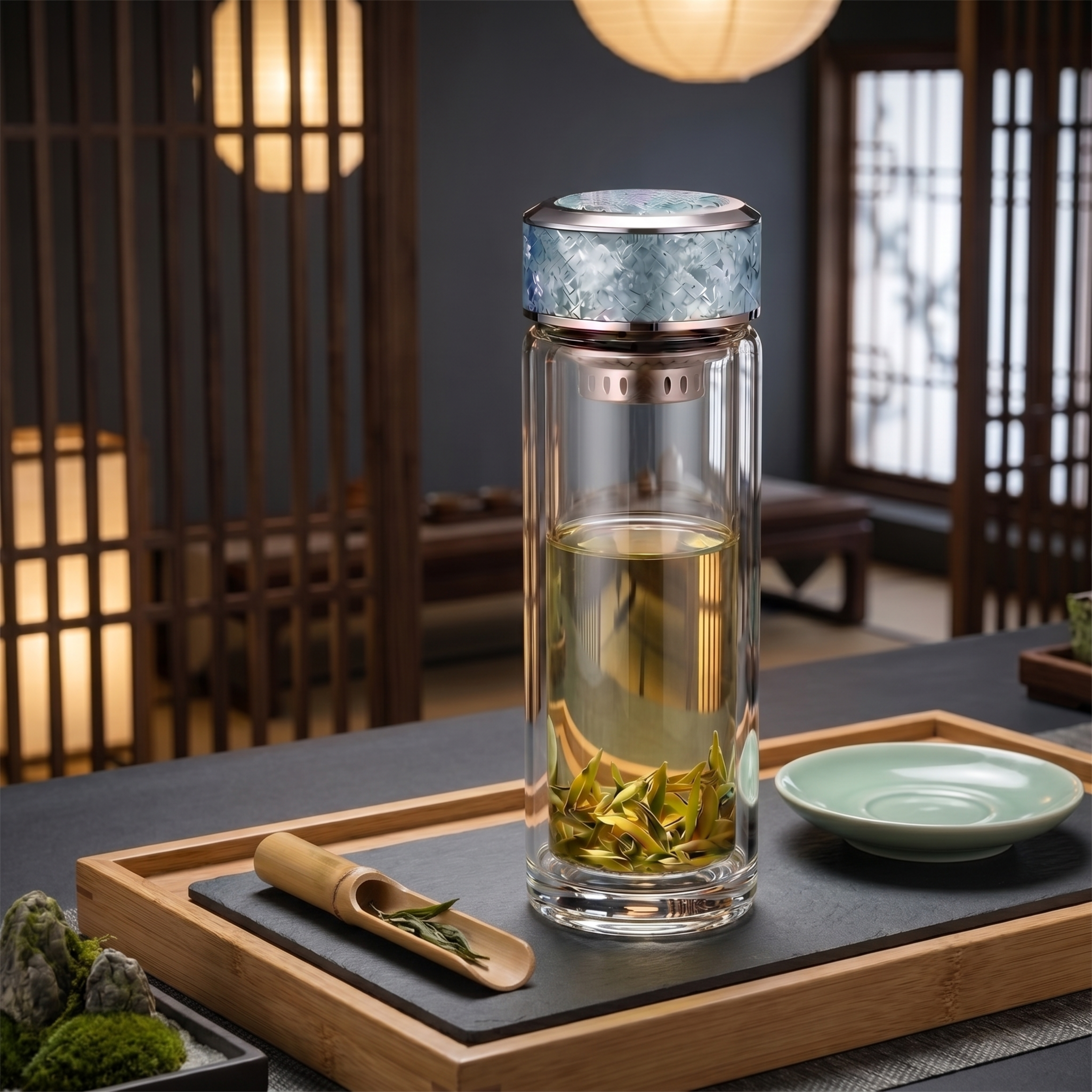 现代时尚茶室商业摄影, 大师级布光（侧前45°主光 + 顶部漫… - 图片创意预览