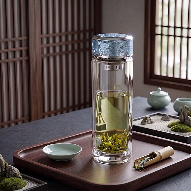现代时尚茶室商业摄影, 大师级布光（侧前45°主光 + 环境补光），超写实质感。
主体：玻璃杯严格参照上传产品图，完整保留结构比例颜色，**盖子为蓝银冰裂纹金属质感**，玻璃杯白皙通透明亮如水晶，崭新无瑕疵，产品占画面68%，近景绝对主体，完整不裁切。
关键要求：**玻璃高度透明，杯内茶叶与后方背景清晰可见，折射与透射效果自然真实**。
构图与陈列：正面微俯视角，玻璃杯置于深胡桃木茶盘中央，桌面为深灰哑光岩板。
风格：现代时尚轻奢茶室。
场景概念：高端私享茶空间，简约干净、温馨舒心。
承载与背景：深灰岩板办公桌；背景为深胡桃木格栅屏风+虚化枯山水砂纹台面，右侧窗棂透入柔光，隐约可见青瓷小摆件。
陪衬物：仅左侧青瓷小碟空置，右侧竹制茶则配1片茶叶；托盘角落点缀微型苔藓石。
配色：主深炭灰+黑；辅蓝银冰裂纹盖子、青瓷蓝绿；低饱和高级。
光影：主光来自左前45°暖调柔光，均匀打亮玻璃杯，**强化通透感与内部茶叶/背景透视效果**；蓝银冰裂纹盖子反射细腻冷调高光；背景深度虚化但保留可辨识轮廓，确保“透过玻璃可见后方景象”。
参数：4K超高清写实光追, 宽高比1:1