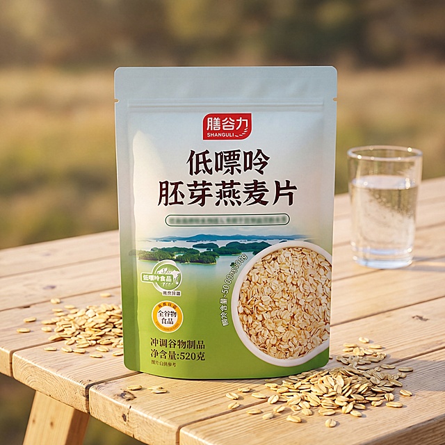 超写实电商产品摄影。

主体：食品包装袋严格参照上传产品图，完整保留所有可见组件、轮廓、结构、比例、材质、颜色与产品本体上的文字信息（"膳谷力"、"低嘌呤胚芽燕麦片"、"520克"等logo和参数），与上传图完全一致；自然融入场景光影，与场景共处同一物理空间，产品摆放平稳，不扭曲不变形，完整展示包装全貌。

构图：产品居中放置，45度俯拍，产品为绝对视觉焦点。

风格：温馨自然生活化，国内电商种草氛围。

场景：早餐餐桌，户外野餐氛围，自然阳光感。

陪衬物：①浅木色餐桌台面，干净温润木纹；②产品旁散落少量金黄燕麦片，提升真实感；③背景处点缀半透明玻璃杯装的清水，带淡淡杯壁水珠。

动态生机：燕麦片颗粒饱满金黄，质感蓬松。

配色 / 材质：原木浅棕 / 谷物金黄 / 通透透明；实木 / 玻璃 / 食品谷物。

光影：主光来自斜前方45度，暖调午后自然光，光线明亮柔和，突出包装质感，无明显硬阴影。

参数：4K超高清写实质感。严格锁定宽高比为 1:1。