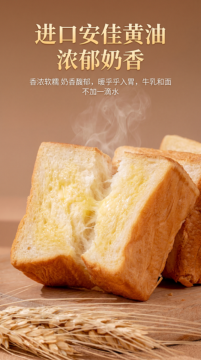 电商详情页卖点展示，口袋黄油吐司面包，标题“进口安佳黄油 浓郁奶香”，卖点文案“香浓软糯 奶香馥郁，暖乎乎入胃，牛乳和面 不加一滴水”，展示黄油吐司松软拉丝的质感，保留原图暖棕温馨摄影风格，竖版9:16