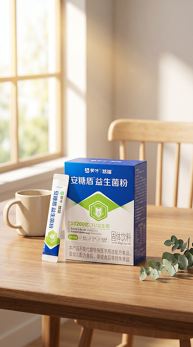 益生菌粉包装盒和独立包装袋严格参照上传产品图1、图2、图3，完整保留所有可见组件、部件、轮廓形状、结构、比例、材质质感、颜色与产品文字信息，与上传图完全一致。
北欧风餐厅餐桌场景，暖木色调，摆放一盒产品和一袋独立包装，参考相似度80%。参考图4风格衍生，柔和晨光从左侧窗户斜入，产品受光面泛起暖木色、暗部映射浅棕色光晕，与环境物理融合。产品偏左放置，右后方留有空间，平视微侧15°视角。
全量换款清单：①承载台面：参考图白色桌面 → 生成图浅胡桃木实木餐桌，同木材质，浅棕色；②左侧道具：参考图玻璃杯 → 生成图米色陶瓷马克杯；③右侧点缀：参考图绿色郁金香 → 生成图尤加利叶小束；④背景：参考图模糊沙发 → 生成图浅色原木餐椅，虚化处理。
消除产品本体之外的多余文字。4K分辨率，严格锁定宽高比为 9:16。