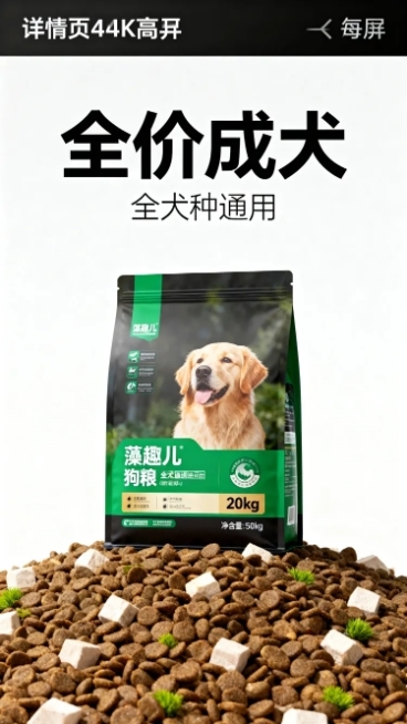 电商详情页首屏，主文案"全价成犬"，副文案"全犬种通用"，主文案居中放大粗黑字体，副文案在主文案下方纤细浅色，藻趣儿狗粮20kg包装袋居中摆放，背景简约干净，产品占画面60%，对称构图，真实实景拍摄风预览效果