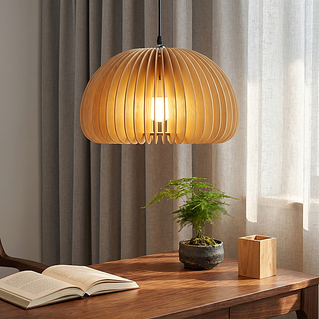 超写实日式家居空间摄影。
主体：吊灯严格参照上传产品图，完整保留所有可见组件、部件、轮廓、结构、比例、材质、颜色与产品本体信息，与上传图完全一致。产品占画面60%~70%，完整不裁切，近景构图，镜头贴近产品，作为绝对视觉主导。吊灯处于点亮发光状态，灯罩透出暖黄光晕。
构图与陈列方式：微俯10°视角，悬挂于日式书房上方，真实悬挂姿态，暖黄光晕柔和洒落在下方书桌上。
风格：日式素雅。
场景概念：午后书房一角，安静阅读氛围。
承载与背景：①下方桌面，胡桃木实木书桌，深棕色，清晰木纹理；②侧方背景，棉麻素色窗帘，浅灰色，自然肌理。
陪衬物：①书桌左侧，摊开一本硬封书籍，纸张米白色，书封深棕色；②书桌右侧，一只桧木方形笔筒，实木材质，浅原木色；③窗帘前方，一盆日式文竹盆栽，粗陶深灰盆栽，哑光深灰色。
配色：主色调60%胡桃棕 / 桧木色，辅助色25%浅灰 / 米白，点缀色15%深灰 / 绿色，画面实际颜色5种：胡桃棕 / 桧木色 / 浅灰 / 米白 / 绿色。
材质：画面实际材质5种：实木 / 乳胶漆 / 棉麻 / 纸张 / 粗陶。
光影：主光从右侧窗帘透入柔和自然光，斜前60°照亮吊灯，产品自身发光为辅光暖黄光晕；产品边缘有清晰轮廓光，木质纹理呈现温润自然反光，书桌上有柔和半透明投影。
参数：4K 写实光追。严格锁定宽高比为1:1。