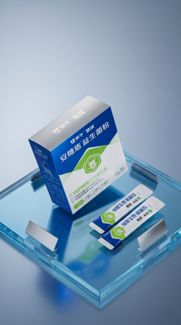 益生菌粉包装盒和独立包装袋严格参照上传产品图1、图2、图3，完整保留所有可见组件、部件、轮廓形状、结构、比例、材质质感、颜色与产品文字信息，与上传图完全一致。
现代轻奢玻璃展示台场景，银蓝冷色调，摆放预览效果