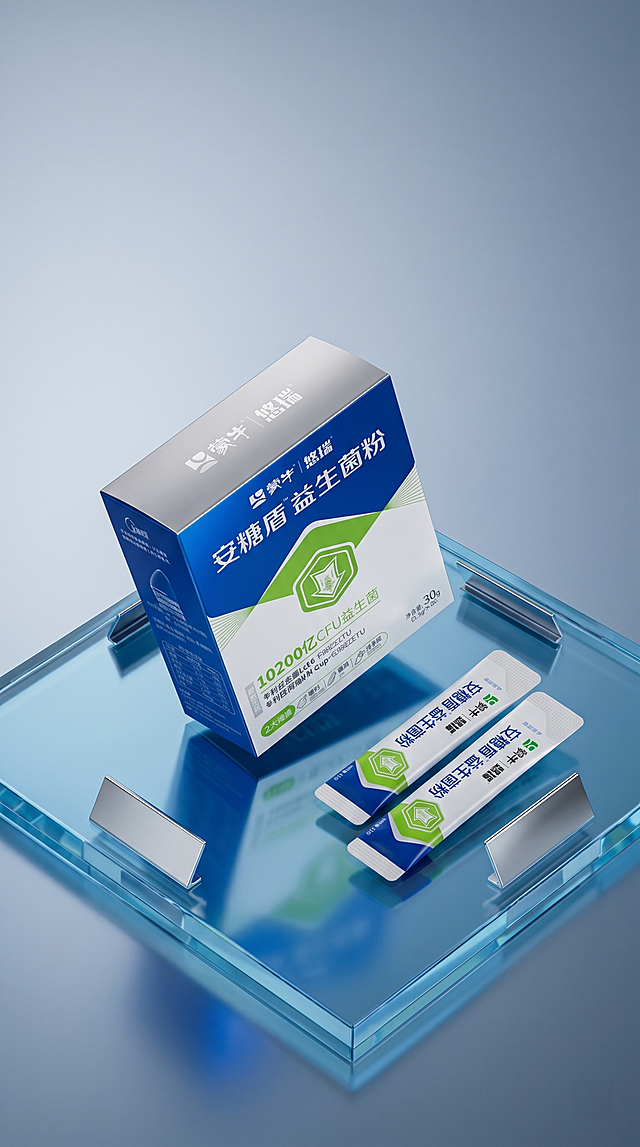 益生菌粉包装盒和独立包装袋严格参照上传产品图1、图2、图3，完整保留所有可见组件、部件、轮廓形状、结构、比例、材质质感、颜色与产品文字信息，与上传图完全一致。
现代轻奢玻璃展示台场景，银蓝冷色调，摆放一盒斜立产品和两袋平放独立包装，参考相似度80%。参考图5风格衍生，冷调顶侧光，产品受光面泛起银灰色、暗部映射深蓝色光晕，与环境物理融合。产品三角形构图，微俯20°视角。
全量换款清单：①承载台面：参考图银色几何镜面 → 生成图清玻璃斜边展示台，同玻璃材质，透明浅蓝色；②背景：参考图纯白背景 → 生成图渐变浅灰蓝色背景；③点缀：参考图小水晶装饰 → 生成图银色金属小标牌。
消除产品本体之外的多余文字。4K分辨率，严格锁定宽高比为 9:16。