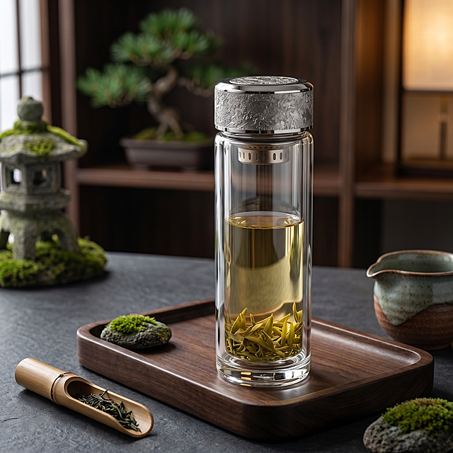 高档轻奢暗色系书房商业摄影，简约大师布景与灯光，超写实质感。
主体：玻璃杯严格参照上传产品图，完整保留结构比例颜色，玻璃杯白皙通透明亮如水晶，崭新无瑕疵，盖子金属纹理质感清晰高档，产品占画面68%，近景绝对主体，完整不裁切。
构图与陈列：正面微俯视角，玻璃杯置于深胡桃木茶盘中央，桌面为深灰岩板。
风格：新中式暗调书房。
场景概念：午后书房茶席，自然光+台灯双光源。
承载与背景：深灰岩板书桌，背景为深胡桃木博古架+虚化盆景松树+苔藓石灯。
陪衬物：右侧粗陶公道杯（仅局部），左侧竹制茶则配茶叶；托盘角落点缀青苔小石。
配色：主深炭灰+胡桃棕；辅青瓷蓝绿与陶土褐；整体沉稳高级。
光影：主光来自左前45°窗光+右后方暖调台灯补光，玻璃通透折射清晰，金属盖子高光突出。
参数：4K超高清写实光追，宽高比1:1