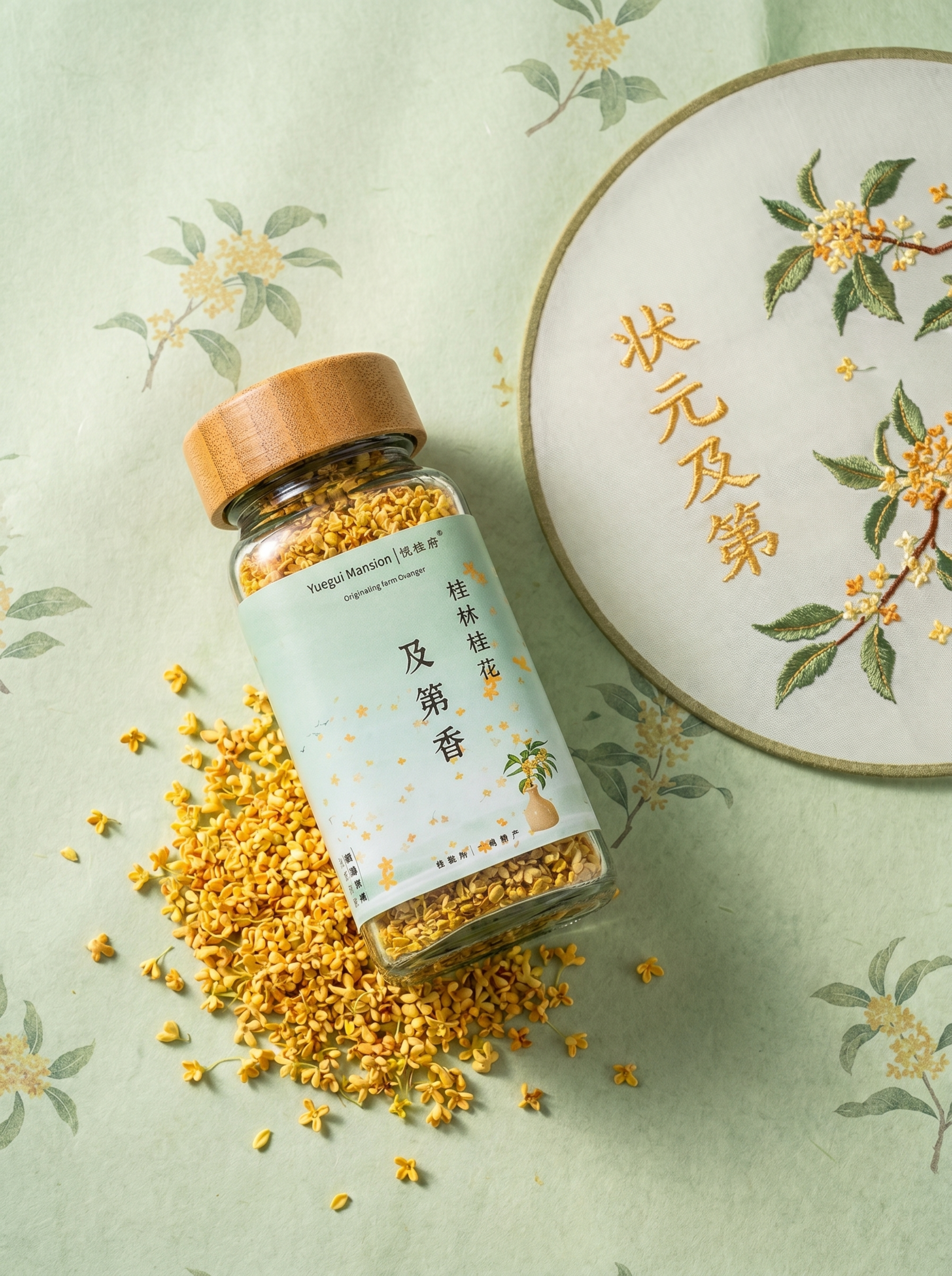 图生图，保留商品瓶子上所有的内容包括文字，背景改为印有桂花的浅… - 图片创意预览