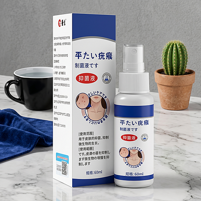 商业级产品摄影。
主体：抑菌液产品严格参照上传产品图，完整保留所有可见组件、部件、轮廓、结构、比例、材质、颜色与产品本体上的文字信息（logo / 型号 / 规格 / 参数等），与上传图完全一致；产品占画面 60%~70%、完整不裁切、充满画面、绝对主导，近景贴近产品。
构图：对角线构图，微侧 20° 抬高俯视，视线略向下。
风格：轻奢质感。
场景概念：厨房中岛台面，午后休闲的日常护理时刻。
承载与空间：①爵士白大理石台面，亮面白色，天然灰色纹理；②浅灰水泥艺术涂料背景墙，哑光质感。
陪衬物：①产品左后方，一个黑色陶瓷咖啡杯，装半杯清水；②产品右后方，一小株绿色袖珍仙人掌，陶土小花盆；③咖啡杯旁，一块深蓝色丝绒餐布，局部铺开。
配色：主色调 60%爵士白浅灰，辅助色 25%黑色陶土色，点缀色 15%深蓝绿色；画面实际颜色 5 种：白 / 浅灰 / 黑 / 深蓝 / 绿色。
材质：画面实际材质 5 种：大理石 / 水泥涂料 / 陶瓷 / 丝绒 / 陶土。
光影：主光从正前方斜顶 45° 散射柔光，照亮产品正面；辅光为台面深色反光，产品边缘有清晰轮廓光切分；塑料产品表面呈现哑光柔和反光。
参数：4K 写实光追。严格锁定宽高比为 1:1。