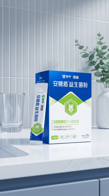 益生菌粉包装盒和独立包装袋严格参照上传产品图1、图2、图3，完整保留所有可见组件、部件、轮廓形状、结构、比例、材质质感、颜色与产品文字信息，与上传图完全一致。
简约浴室洗手台场景，干净冷色调，摆放一盒预览效果