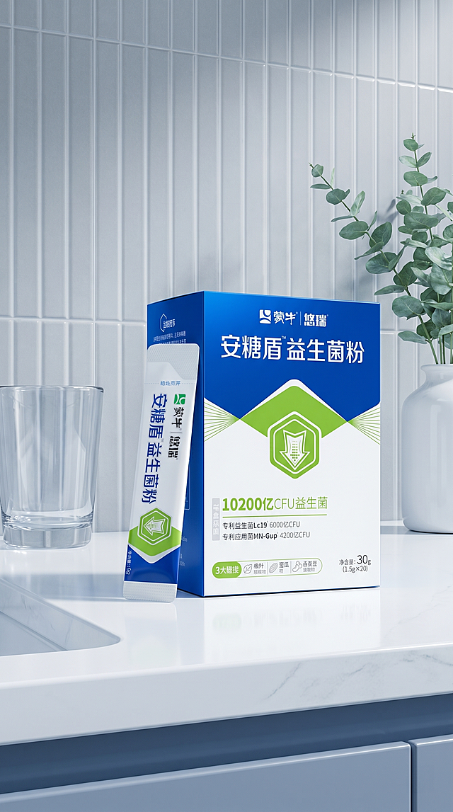 益生菌粉包装盒和独立包装袋严格参照上传产品图1、图2、图3，完整保留所有可见组件、部件、轮廓形状、结构、比例、材质质感、颜色与产品文字信息，与上传图完全一致。
简约浴室洗手台场景，干净冷色调，摆放一盒产品和一袋独立包装，参考相似度80%。融合国内电商精致感偏好，明亮柔和顶光，产品受光面泛起浅白色、暗部映射浅蓝色光晕，与环境物理融合。产品放在洗手台右侧，中景平视微侧视角。
场景陈列：①洗手台台面，白色岩板，纯白色；②左侧，透明玻璃漱口杯，透明；③后方，浅灰色竖纹墙砖，浅灰色；④角落，绿色小型仿真尤加利盆栽。
配色 / 材质：纯白 / 浅灰 / 浅蓝 / 绿色；岩板 / 玻璃 / 陶瓷。
消除产品本体之外的多余文字。4K分辨率，严格锁定宽高比为 9:16。