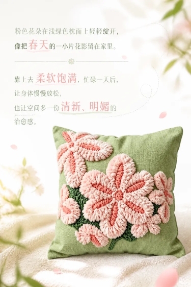 淘宝电商详情页第二屏，宽790像素，文案内容为"粉色花朵在浅绿色枕面上轻轻绽开，像把春天的一小片花影留在家里。靠上去柔软饱满，忙碌一天后，让身体慢慢放松，也让空间多一份清新、明媚的治愈感。"，搭配原图预览效果