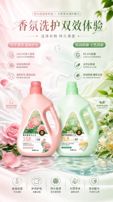 生成洗衣液详情页banner图，将格拉斯玫瑰香香水精华洗衣液和天然草本金银花除菌除螨洗衣液两款产品放在同一画面中，突出玫瑰款168小时持久留香、添加玫瑰精萃、温和护色和金银花款99.9%除菌、天然无刺预览效果
