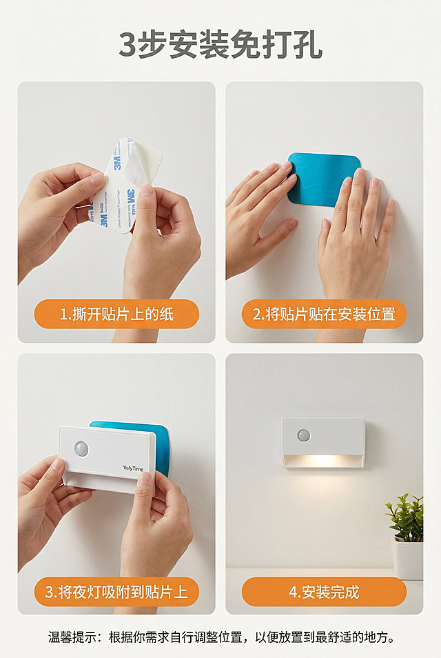 人体感应小夜灯和背胶贴片，严格参照上传产品图，完整保留所有可见组件、部件、轮廓形状、结构、比例、材质质感、颜色与产品本体上的文字信息与上传图完全一致，自然融入场景光影，与场景共处同一物理空间。
简约家居墙面场景，保留参考图的分步安装图文排版风格，浅白色调。
分步安装展示，主光源为明亮均匀的正面漫射光，产品受光面泛起浅白色调、暗部映射浅灰光晕，与环境物理融合。
产品分区域排版展示，采用四格分步构图，参考相似度80%，整体视角微偏20°。
全量换款清单：
①标题文字：参考图"3步安装免打孔" → 生成图保留"3步安装免打孔"，保留整体排版位置
②手部：参考图四只手操作 → 生成图保留中国年轻女性手部操作，仅调整手部姿势细节
③步骤分隔：参考图橙色步骤条 → 生成图保留浅橙色圆角步骤条，仅调整边框弧度
④背景墙面：参考图纯白色墙面 → 生成图保留干净浅灰白色墙面，添加细微乳胶漆纹理
⑤装饰元素：参考图右下角金色花艺装饰 → 生成图替换为简约绿色小植物装饰
消除产品本体外多余营销文字。
严格锁定宽高比为 2:3。4K分辨率。