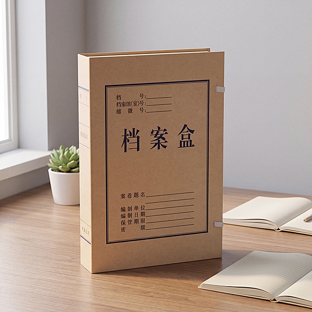 超写实办公场景摄影。
主体：档案盒占画面70%，完整不裁切，绝对主导，近景，档案盒严格参照上传产品图，完整保留所有可见组件、轮廓、结构、比例、牛皮纸材质、黄棕色颜色与产品本体上的所有文字信息，去除原图左下角的手的图案，与上传图产品完全一致。
构图与陈列：正面平视，平稳放置在办公桌面上，产品自然融入场景，与场景共处同一物理空间，产品是唯一视觉焦点，背景无其他同类产品。
风格：简约商务。
场景概念：安静整洁的办公室书房桌面，日常办公氛围。
承载与背景：① 浅胡桃木实木办公桌面；② 后方浅灰色哑光乳胶漆墙面。
陪衬物：① 档案盒右侧，摊开两本浅色笔记本；② 档案盒左后方，一小盆绿色多肉盆栽。
配色：主色调浅胡桃色和浅灰色，辅助色黄棕色档案盒，点缀绿色，画面颜色四种：浅胡桃棕 / 浅灰 / 牛皮黄棕 / 植物绿。
光影：主光从斜前45°窗户照入，柔和均匀，环境反射补光，牛皮纸表面呈现哑光自然光泽，整体偏暖调，无明显硬阴影。
参数：4K 写实光追。严格锁定宽高比为 1:1。
