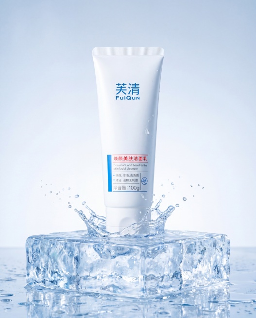 芙清焕颜美肤洁面乳成分功效展示图，洁面产品放在透明冰块台面上，冷调光影，周围点缀清澈水珠和溅起水花，整体干净简约高级，突出温和无刺激特点，保留产品完整包装文字信息。严格锁定宽高比为 4:5预览效果
