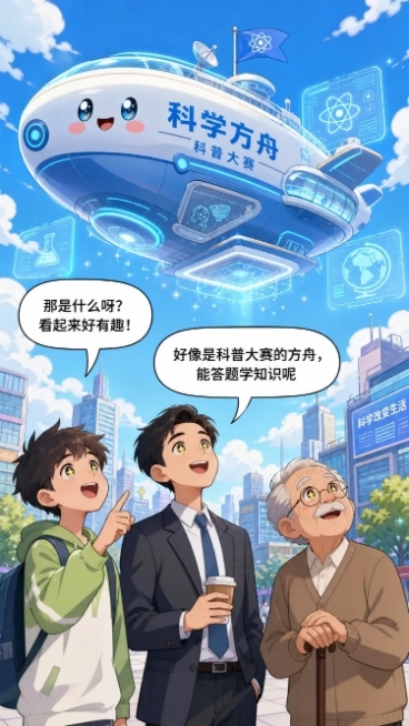 卡通简约条漫第一格，青少年、上班族、老人不同人群抬头看到天空中的科学方舟，所有人眼中都带着光；青少年轻声说:"那是什么呀？看起来好有趣！"，上班族笑着接话:"好像是科普大赛的方舟，能答题学知识呢"，色预览效果
