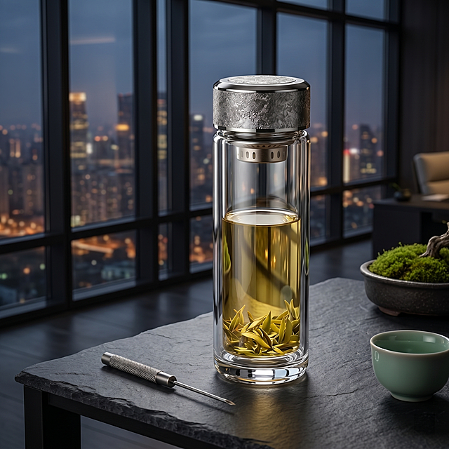 高档轻奢暗色系办公室商业摄影，简约大师布景，超写实质感。
主体：玻璃杯严格参照上传产品图，完整保留结构比例颜色，玻璃杯白皙通透明亮如水晶，崭新无瑕疵，盖子金属纹理质感清晰高档，产品占画面68%，近景绝对主体，完整不裁切。
构图与陈列：45°侧视角，玻璃杯置于黑色岩板茶台一角。
风格：现代轻奢商务。
场景概念：高管办公室靠窗茶区，傍晚氛围。
承载与背景：深灰岩板茶台，背景是深色落地玻璃窗，城市夜景虚化。
陪衬物：旁侧放置金属茶针和青瓷小茶杯，点缀小型苔藓盆栽。
配色：主炭灰深黑; 辅浅岩灰; 点缀青瓷蓝绿，暗调高级。
光影：主环境柔光加聚光灯打亮产品，通透玻璃光影层次感强。
参数：4K超高清写实光追，宽高比1:1